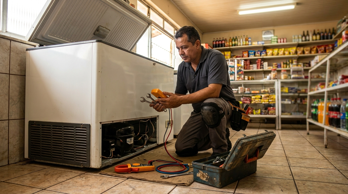 Técnico realizando manutenção de motor de freezer em Curitiba‑PR